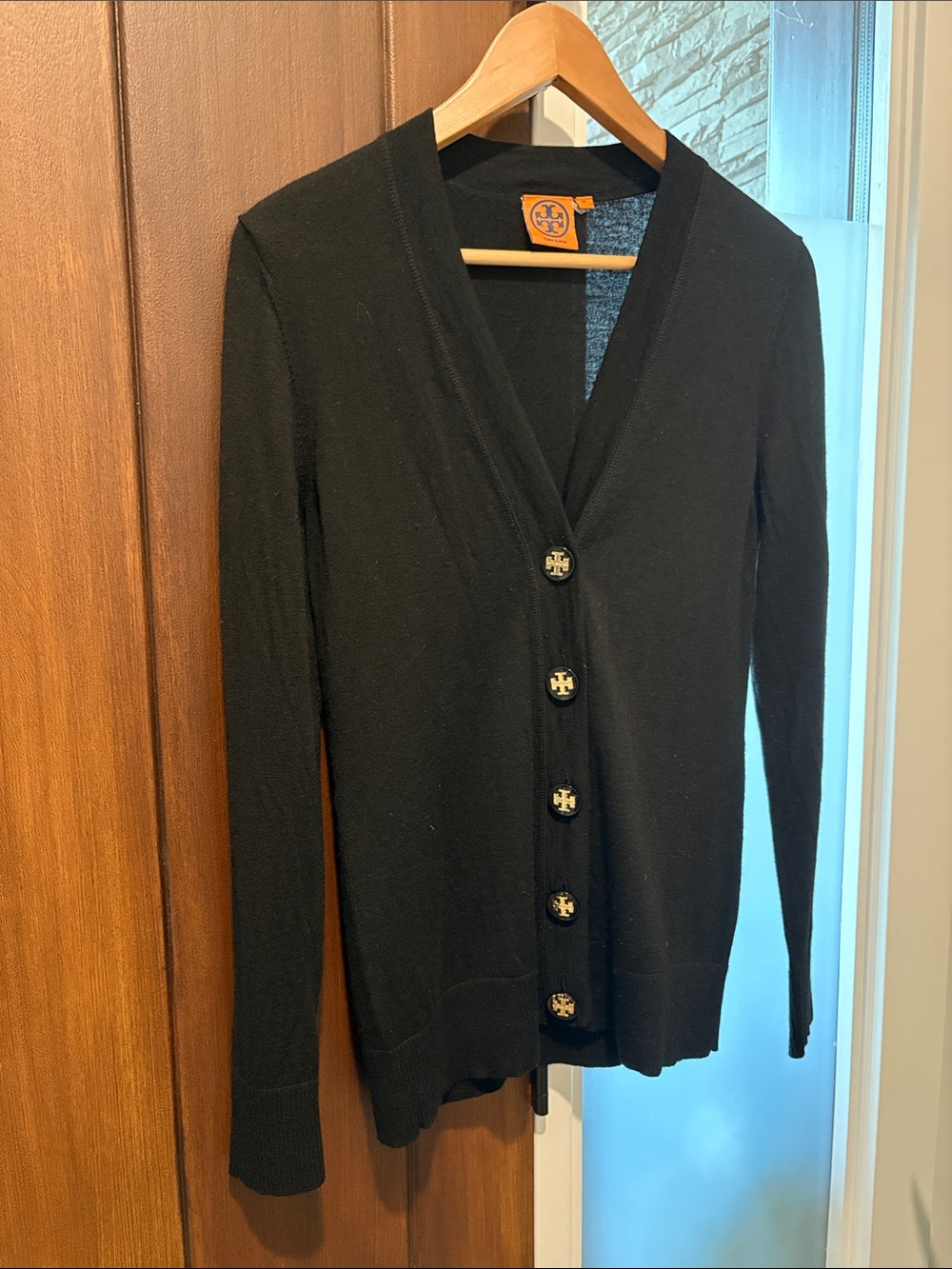 Tory Burch Simone 100% Merino Wool V-Neck Cardigan Black Gold Logo M
